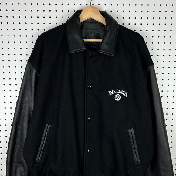 Vintage Jack Daniels Letterman Bomber‎ Jacket Size XL 100% Leather Wool Promo - Picture 1 of 8